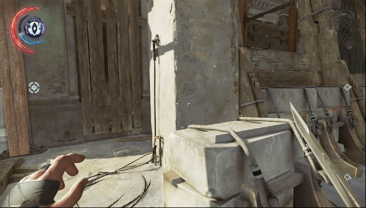 Once youve talked with Meagan, go below and destroy the planks shown on the screenshot. - Secrets | Mission 6 - Mission 6 - Dust District - Dishonored 2 Game Guide