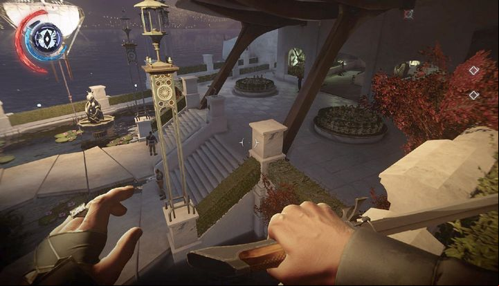 Glued to the wall on the right, sneak past unnoticed. - Eliminate Duke Abele | Mission 8 - Mission 8 - The Grand Palace - Dishonored 2 Game Guide