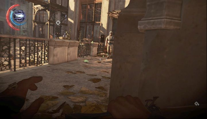 Wait for the guard to turn around. - Enter the Carriage Station | Mission 4 - Mission 4 - The Clockwork Mansion - Dishonored 2 Game Guide