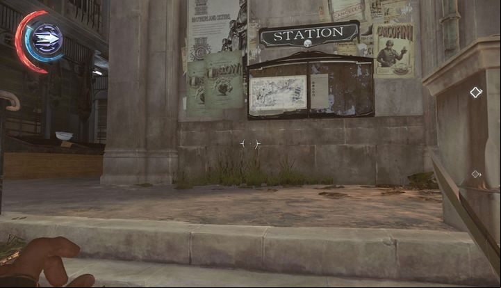 A map of the location and an alley on the left side. - Enter the Carriage Station | Mission 4 - Mission 4 - The Clockwork Mansion - Dishonored 2 Game Guide