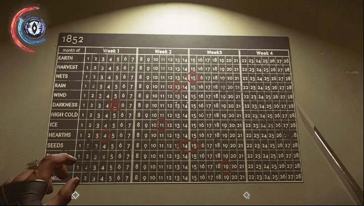 The calendar hanging in the hall contains the key to the door - Special actions | Mission 6 - Mission 6 - Dust District - Dishonored 2 Game Guide
