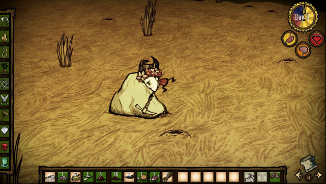 Take the tool into your right hand and click on the boulder several times to smash it - Day two - The adventure begins - Dont Starve - Game Guide and Walkthrough