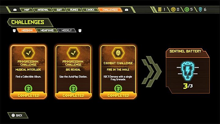 The reward for completing each set of 3 mission challenges is a Sentinel Battery - Doom Eternal: Challenges guide - Basics - Doom Eternal Guide