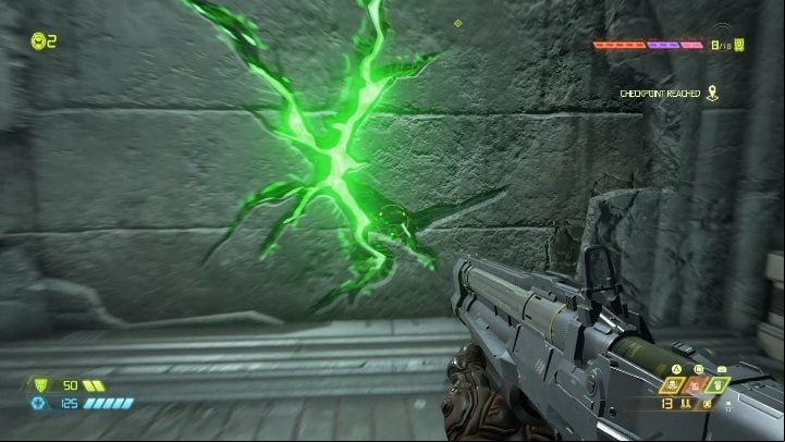 To get to the collectible, you need to jump to the other side, over the chasm, and then break the cracked wall - Doom Eternal: Exultia secrets maps and location - Collectibles and secrets - Doom Eternal Guide