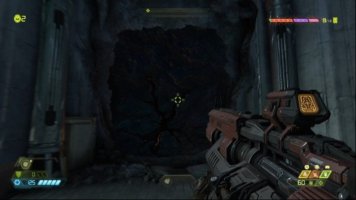 To get to the doll, you need to jump to the lower level and break the black wall - Doom Eternal: Exultia secrets maps and location - Collectibles and secrets - Doom Eternal Guide