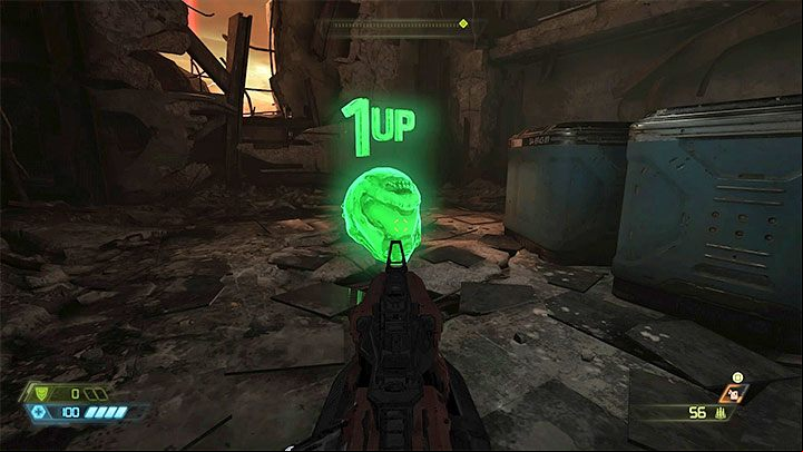 Touch the levitating 1UP green helmet to add 1 extra life to the pot - Doom Eternal: Extra lives - what are they and how I can use them? - Combat - Doom Eternal Guide