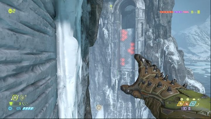 From here you can make a jump to the next wall, but keep an eye on the mines - Doom Eternal: Cultist Base walkthrough - Levels walkthrough - Doom Eternal Guide