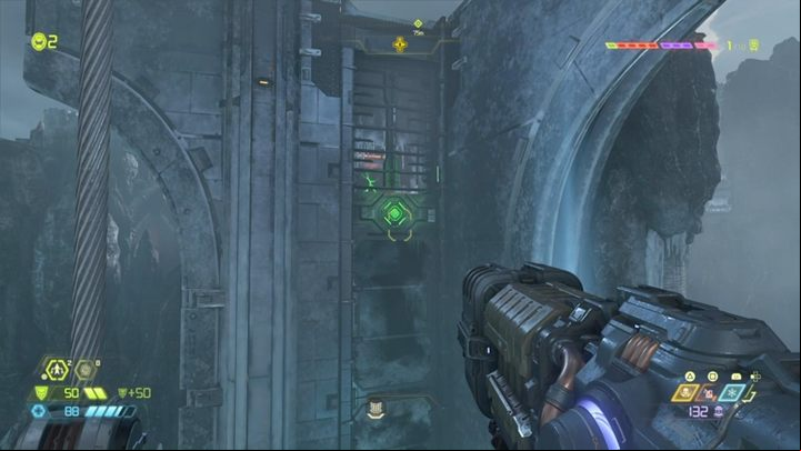 After the battle, jump on the wall next to the chasm, then use the jump pad and get on the suspended ledge - Doom Eternal: Cultist Base walkthrough - Levels walkthrough - Doom Eternal Guide