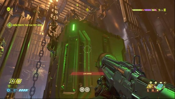 Defeat the demons in the corridor and stand on the green button to open a further age - Doom Eternal: Cultist Base walkthrough - Levels walkthrough - Doom Eternal Guide
