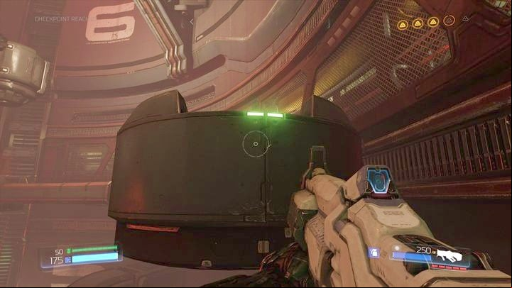 Jump between the platforms and parts of the tower that are marked with green lights until you reach the place with Imps and red energy surges - Doom: Argent Energy Tower Walkthrough - Walkthrough - Doom Game Guide & Walkthrough