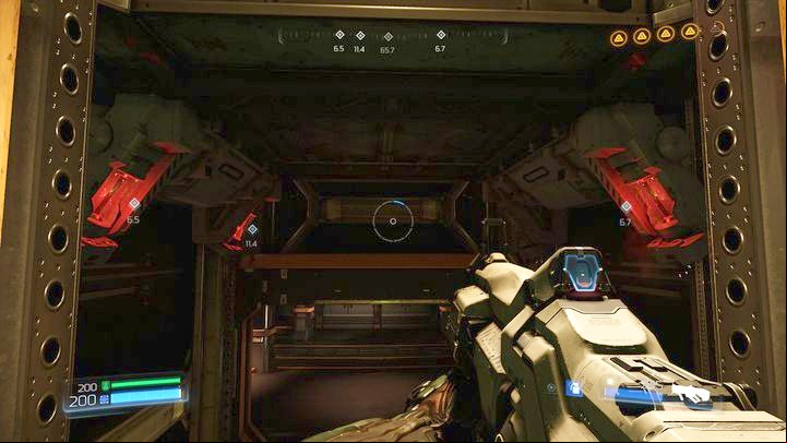 When you will reach the shaft again, jump on the platform above and then turn around and shoot the four brakes which block the elevator - Doom: Argent Energy Tower Walkthrough - Walkthrough - Doom Game Guide & Walkthrough