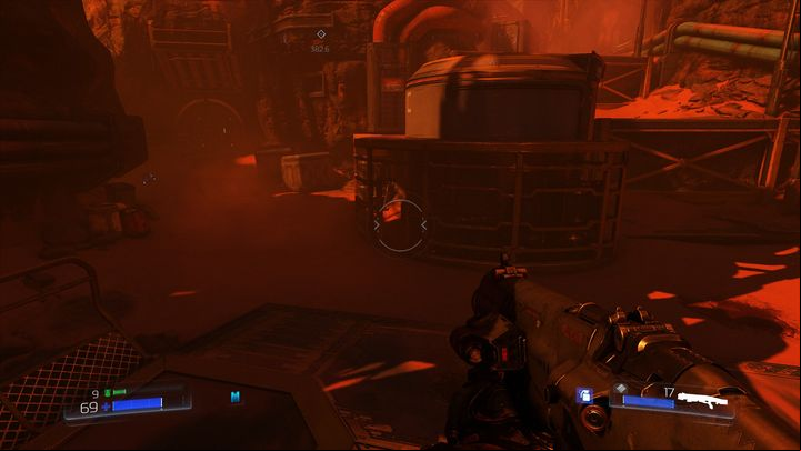 If you turn around while standing on the chests, you should notice a age between the bars on the left side - Doom: The UAC Walkthrough - Walkthrough - Doom Game Guide & Walkthrough
