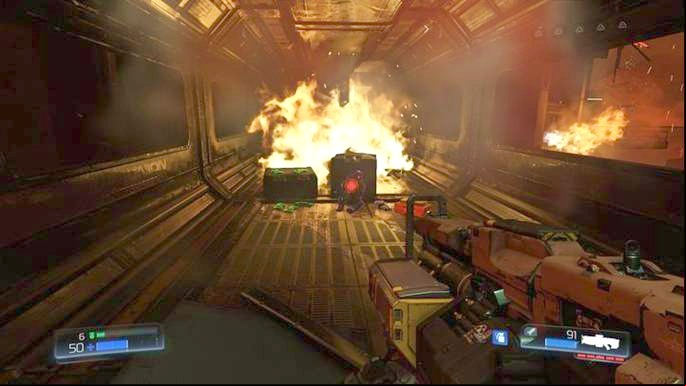 Walk forward and you will notice a ruined corridor below - Doom: Destroyed Argent Facility Walkthrough - Walkthrough - Doom Game Guide & Walkthrough