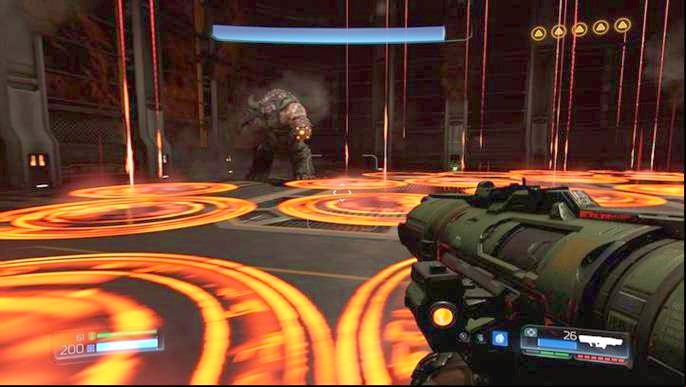 After the demon shoots many rockets above, yellow circles will appear on the ground - Doom: How to beat the Cyberdemon? - Walkthrough - Doom Game Guide & Walkthrough