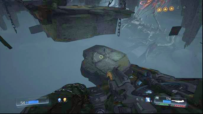You will land on a rocky platform where two Cacodemons will attack you - Doom: The Necropolis Walkthrough - Walkthrough - Doom Game Guide & Walkthrough