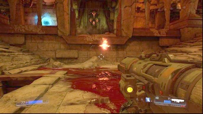 In order to win this battle you must use two pairs of teleports and the Berserk floating in the middle - Doom: Argent DNur Walkthrough - Walkthrough - Doom Game Guide & Walkthrough