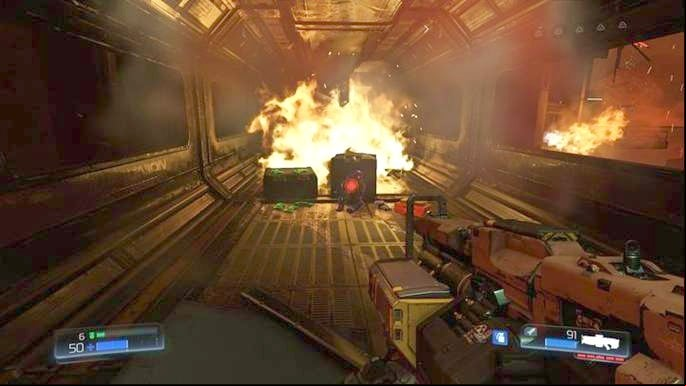 By going further you will see a ruined corridor below - Doom: All secrets in Destroyed Argent Facility - Secrets - Doom Game Guide & Walkthrough