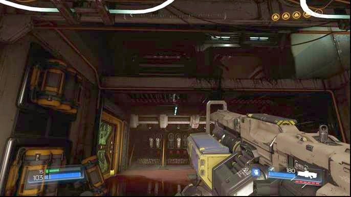 Go back to the entrance after collecting the yellow key and jump one floor above - Doom: All secrets in Destroyed Argent Facility - Secrets - Doom Game Guide & Walkthrough