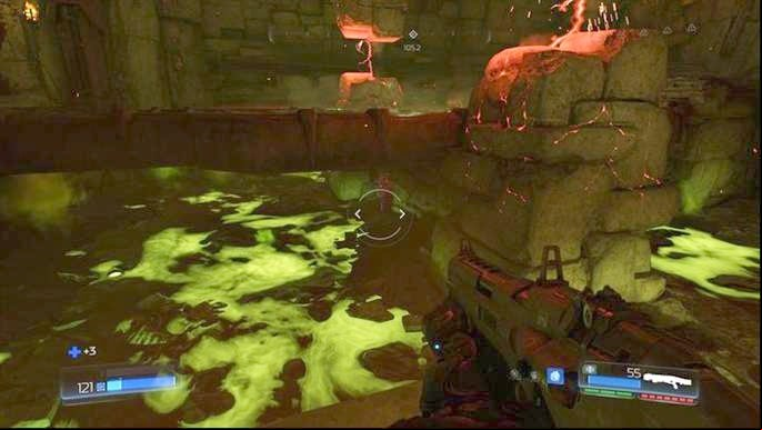 Once you get rid of the first large group of demons, jump on the platform below on the right and look under the bridge - Doom: All secrets in Titans Realm= - Secrets - Doom Game Guide & Walkthrough