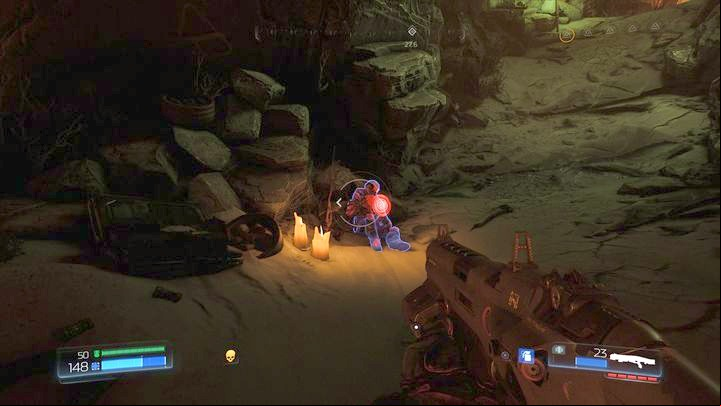 Behind the door you will find the first Elite Guard and a rock shining in green which is also a Log - Doom: Kadingir Sanctum Walkthrough - Walkthrough - Doom Game Guide & Walkthrough