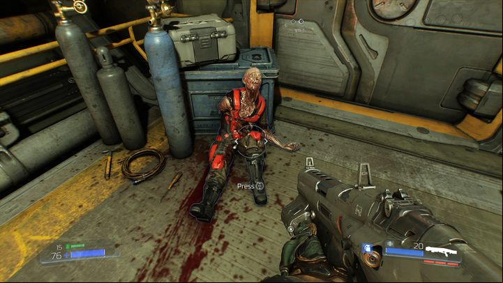 You will get to the other side of the gap and will be able to obtain the hand of the employee - Doom: Foundry Walkthrough - Walkthrough - Doom Game Guide & Walkthrough