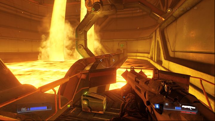 Go through the sidewalks above the lava after destroying the next and defeating the last enemy - Doom: Foundry Walkthrough - Walkthrough - Doom Game Guide & Walkthrough