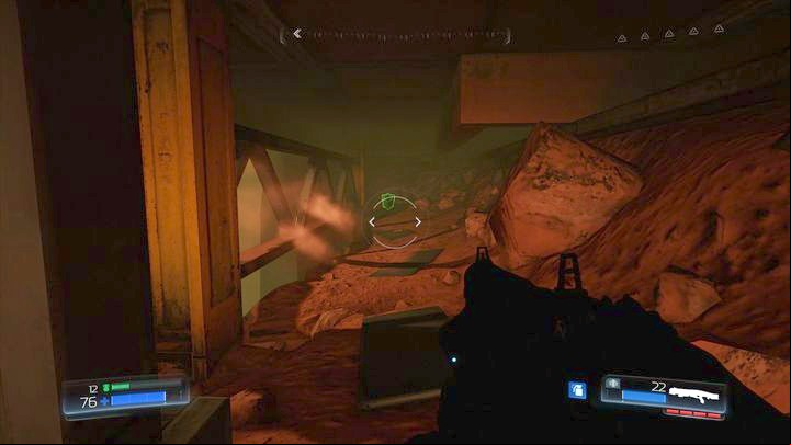 Behind the door you must jump one floor below through the gap in the barrier - Doom: Argent Facility Walkthrough - Walkthrough - Doom Game Guide & Walkthrough