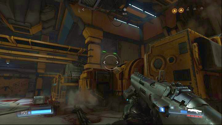 Near one of the machines you should notice a platform marked with green lights - Doom: Argent Facility Walkthrough - Walkthrough - Doom Game Guide & Walkthrough