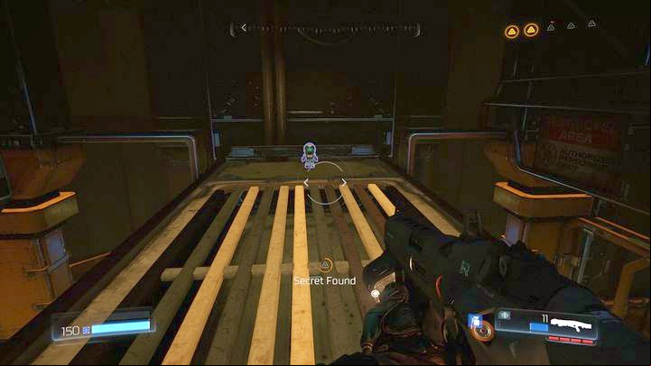 Use them to climb up and then jump on the ledge above the lamps hanging under the ceiling - Doom: Argent Facility Walkthrough - Walkthrough - Doom Game Guide & Walkthrough
