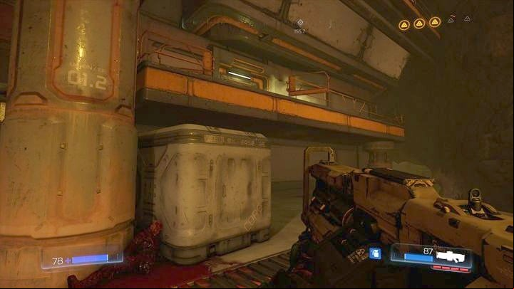 Once the battle is over, jump on the sidewalk that is on the right from the entrance - Doom: Argent Facility Walkthrough - Walkthrough - Doom Game Guide & Walkthrough