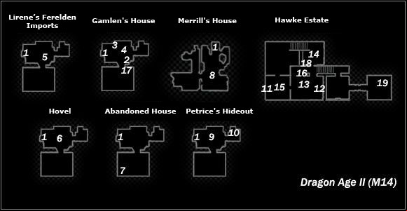 /* Lirenes Fereldan Imports, Gamlens House, Merrills House, Hawke Estate, Hovel, Abandoned House, Petrices Hideout */ - Map M13 Lowtown (night-time); Map M14 Kirkwall - other | Maps - Maps - Dragon Age II Game Guide