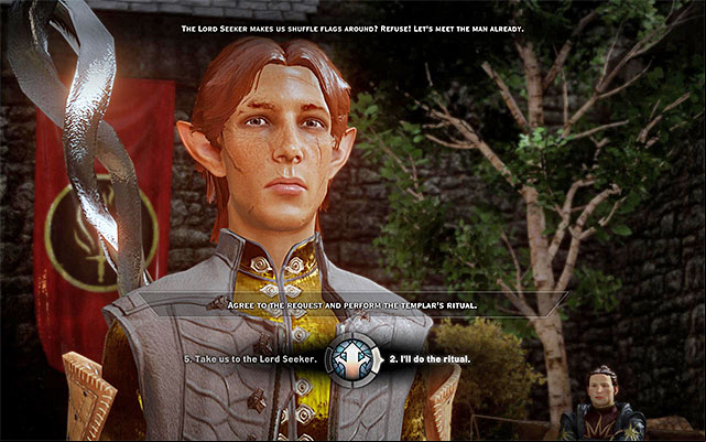 Soon, your party walks over to onto a bigger yard (M11,1c) and Barris offers you to take part in a Templar rite, which is expected to help your character determine his priorities - Dragon Age Inquisition: Champions of the Just (siding with templars) - Main storyline quests (The Path of the Inquisitor) - Dragon Age: Inquisition Game Guide & Walkthrough