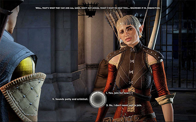 Pick the dialogue option to invite Sera into the party - Dragon Age Inquisition: A Friend of Red Jenny - new party member - The Inner Circle (companion quests) - Dragon Age: Inquisition Game Guide & Walkthrough