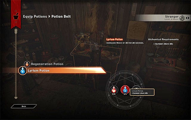 An example window for equipping potions - Dragon Age Inquisition: Potions, tonics and grenades - Combat - Dragon Age: Inquisition Game Guide & Walkthrough