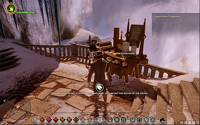 Another interesting innovation is the option to modify the looks of the Skyhold and you do that by interacting with the architects table shown in the screenshot above (Customize Skyhold) - Dragon Age Inquisition: The Skyhold - Inquisitions main HQ - Crafting - Dragon Age: Inquisition Game Guide & Walkthrough