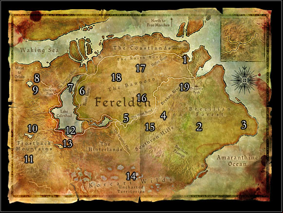 Locations on the map - Dragon Age Origins: Map 1 - Ferelden - World Atlas - Maps - Dragon Age: Origins Game Guide