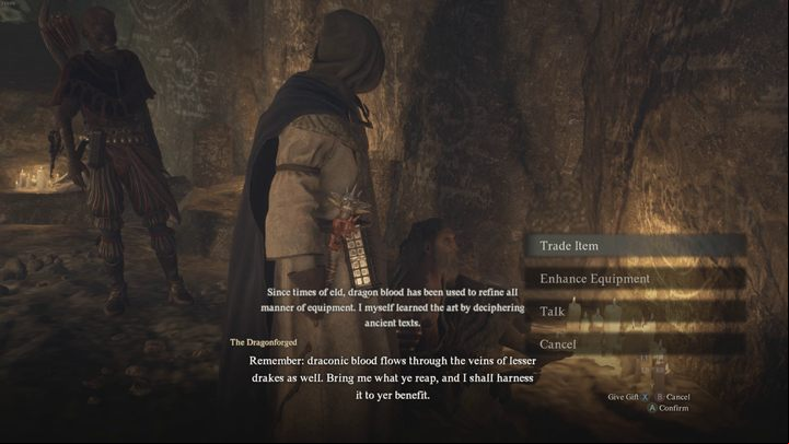 After talking to the man, you can select the "Enhance Equipment" option, which will take you to the equipment upgrade screen - Dragons Dogma 2: What are Wyrmslife Crystals used for? - Mechanics and Collectibles - Dragons Dogma 2 Guide