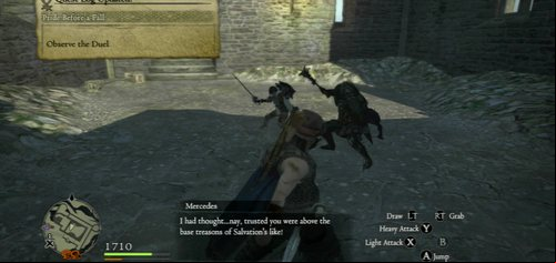 You'll see Mercedes fighting with Julien - Pride Before a Fall - Act IV - Dragons Dogma - Game Guide and Walkthrough
