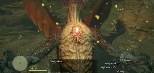 Holding onto its chest is generally a good idea in the second stage of the battle - the Dragon will often stand on its hind legs to use a powerful area attack - Dragon (Grigori) - Act VI - Dragons Dogma - Game Guide and Walkthrough