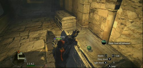 The first gem is inside one of the two sarcophagi next to each other - Rise of the Fallen - Act II - Dragons Dogma - Game Guide and Walkthrough