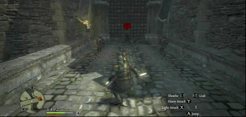 Before approaching the guards, equip the armor set from Mirabelle (Royal Guard Armor) - Duchess In Distress - Act III and further - Dragons Dogma - Game Guide and Walkthrough