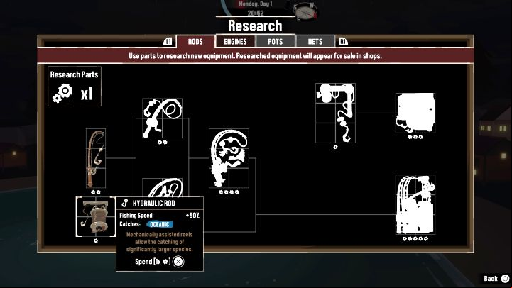 Research Parts: 1 (visit the Shipwright after donating the parts) - Dredge: List of all Rods - Basics - Dredge Guide