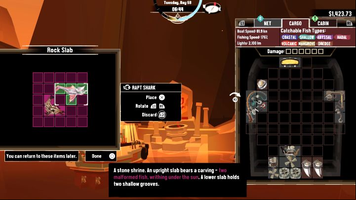 You have to deliver 2 Aberration fish to the Rock Slab - move them to the purple slots - Dredge: Flames of the Deep - Pursuits - Dredge Guide