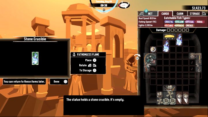 With all 3 Fathomless Flames, return to the Ancient Temple and select the Statues - Dredge: Flames of the Deep - Pursuits - Dredge Guide