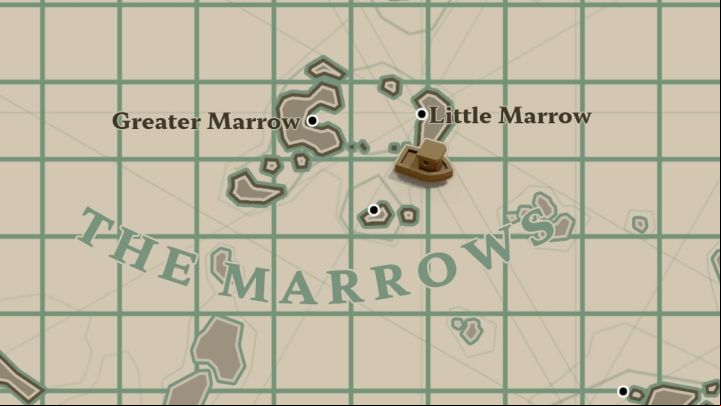 This message in a bottle is south from Little Marrow island in The Marrows region - Dredge: All Messages map - Secrets and Collectibles - Dredge Guide