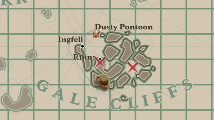 Message #5 is in southern part of Gale Cliffs, south from Ruins - Dredge: All Messages map - Secrets and Collectibles - Dredge Guide