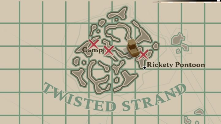 Message #8 is north-west from Rickety Pontoon in Twisted Strand region - Dredge: All Messages map - Secrets and Collectibles - Dredge Guide