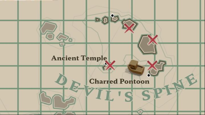 Message #10 is west from Charred Pontoon in Devil's Spine region - Dredge: All Messages map - Secrets and Collectibles - Dredge Guide