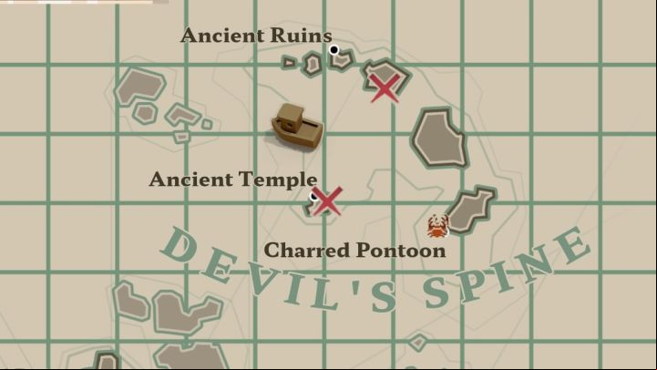 This message in a bottle is north from Ancient Temple in Devil's Spine region - Dredge: All Messages map - Secrets and Collectibles - Dredge Guide