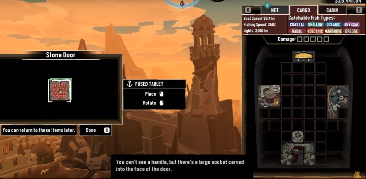 Approach the door - the game will let you know you can insert an item into it - Dredge: Stone Tablets - Pursuits - Dredge Guide